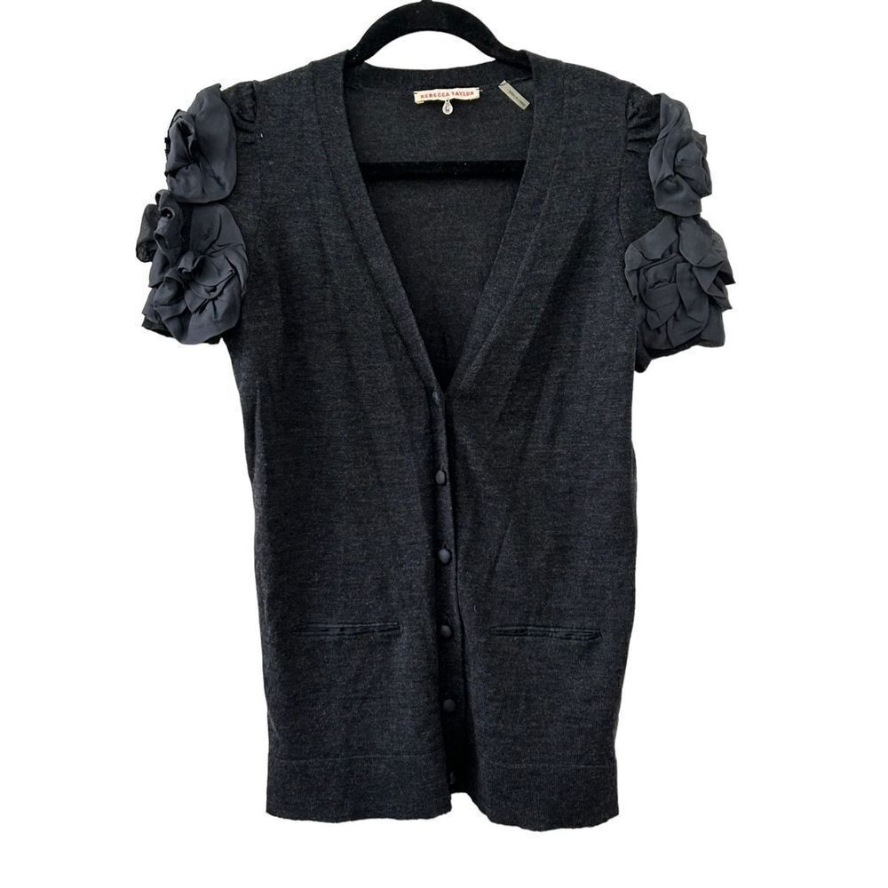 Rebecca Taylor Ruffle V-Neck Merino Wool Cardigan Gray Women’s Size Large